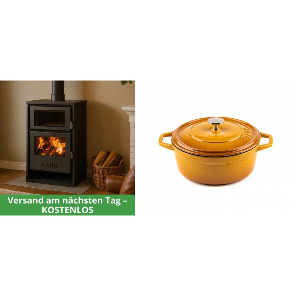 Set Kaminofen, Holzofen Wasserführend mit Backfach Balkan Energy, Modell Suzana, 11.6kW - 17.5kW + Gusseisen Topf Tiefer Solagio, Dijon, Ф20 | Wasserführender Kaminofen | Kaminofen |