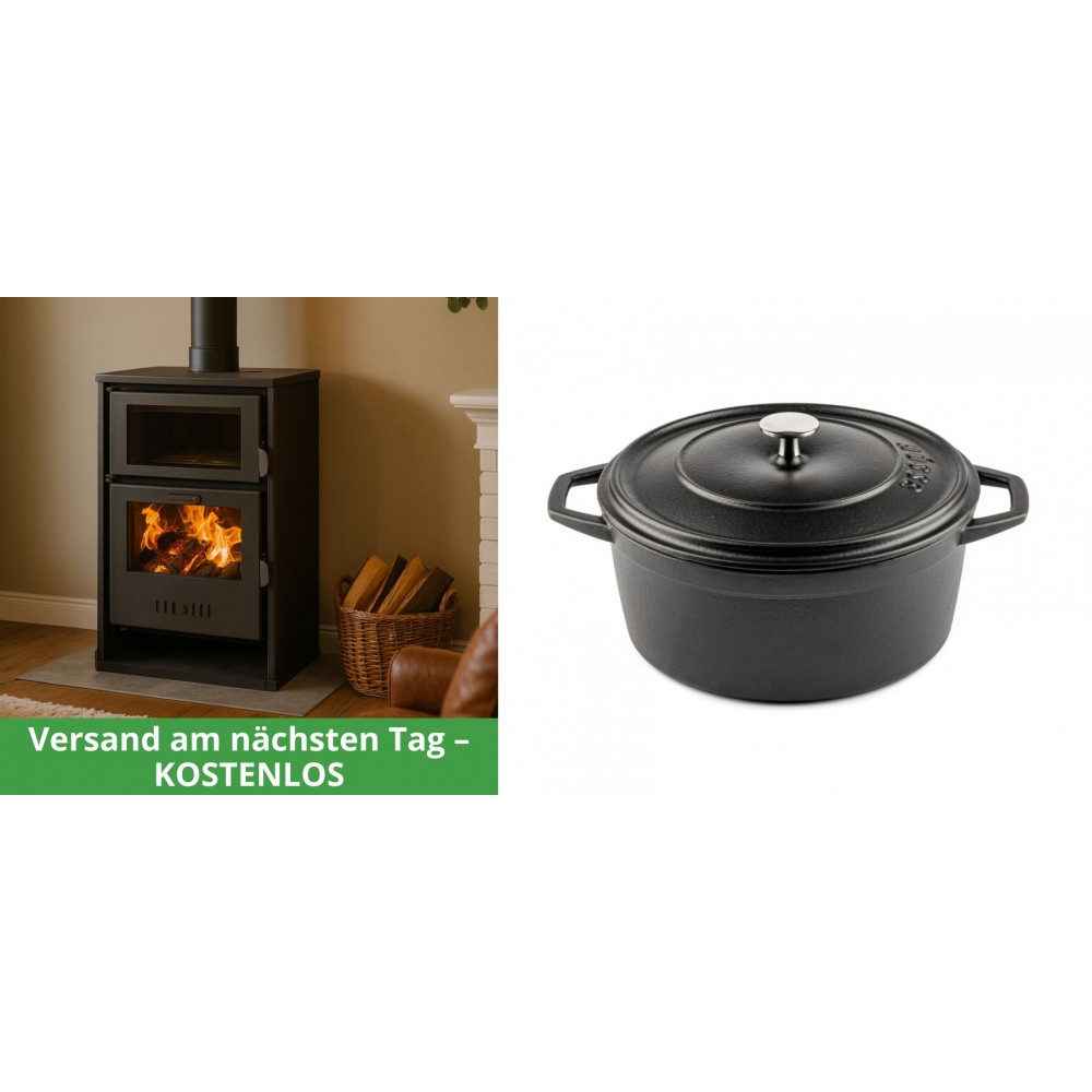 Set Kaminofen, Holzofen Wasserführend mit Backfach Balkan Energy, Modell Suzana, 11.6kW - 17.5kW + Gusseisen Topf Tiefer Solagio, Black Onyx, Ф24
