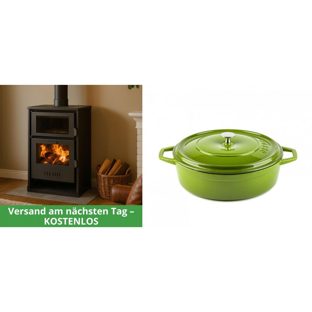 Set Kaminofen, Holzofen Wasserführend mit Backfach Balkan Energy, Modell Suzana, 11.6kW - 17.5kW + Gusseisen Topf Flach Solagio, Bamboo, Ф26