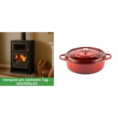 Set Kaminofen, Holzofen Wasserführend mit Backfach Balkan Energy, Modell Suzana, 11.6kW - 17.5kW + Gusseisen Topf Flach Solagio, Rubin, Ф26 - Balkan Energy