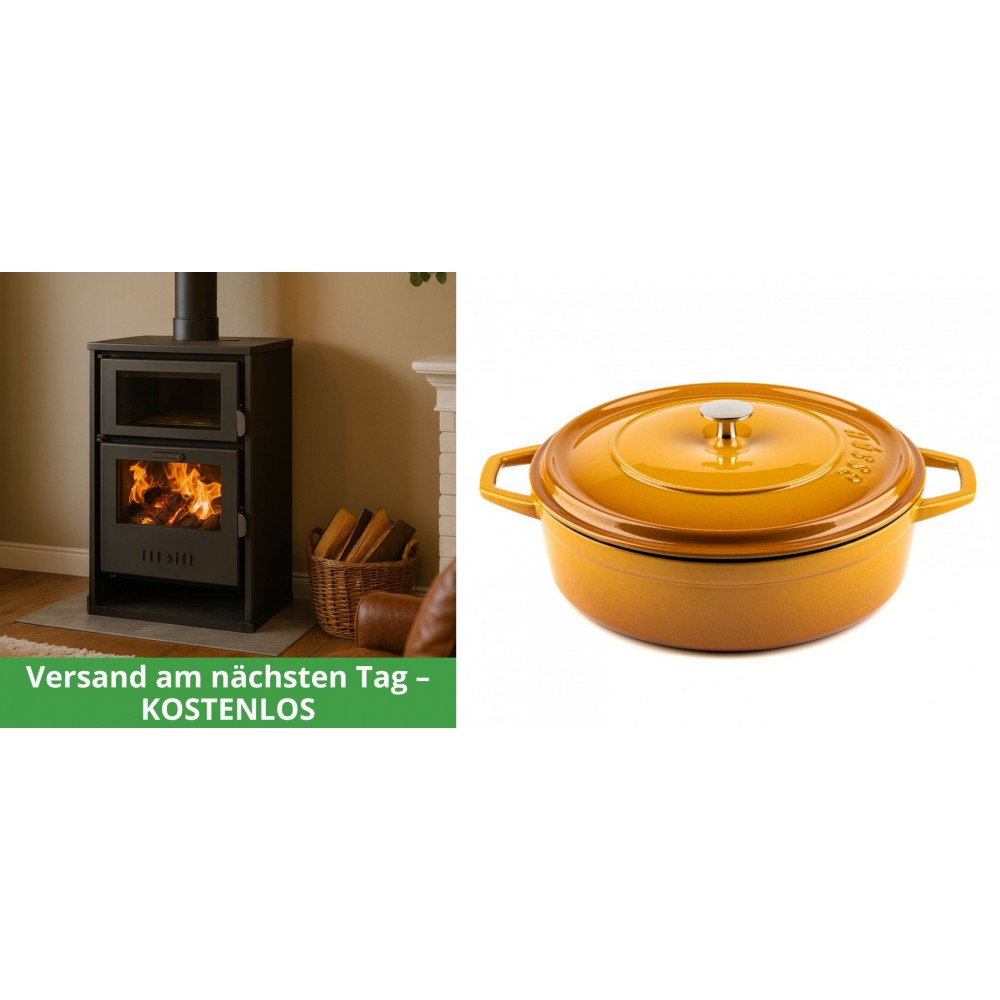 Set Kaminofen, Holzofen Wasserführend mit Backfach Balkan Energy, Modell Suzana, 11.6kW - 17.5kW + Gusseisen Topf Flach Solagio, Dijon, Ф28