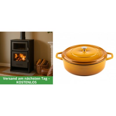 Set Kaminofen, Holzofen Wasserführend mit Backfach Balkan Energy, Modell Suzana, 11.6kW - 17.5kW + Gusseisen Topf Flach Solagio, Dijon, Ф28 - Balkan Energy