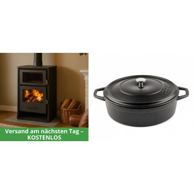 Set Kaminofen, Holzofen Wasserführend mit Backfach Balkan Energy, Modell Suzana, 11.6kW - 17.5kW + Gusseisen Topf Flach Solagio, Black Onyx, Ф28 - Balkan Energy