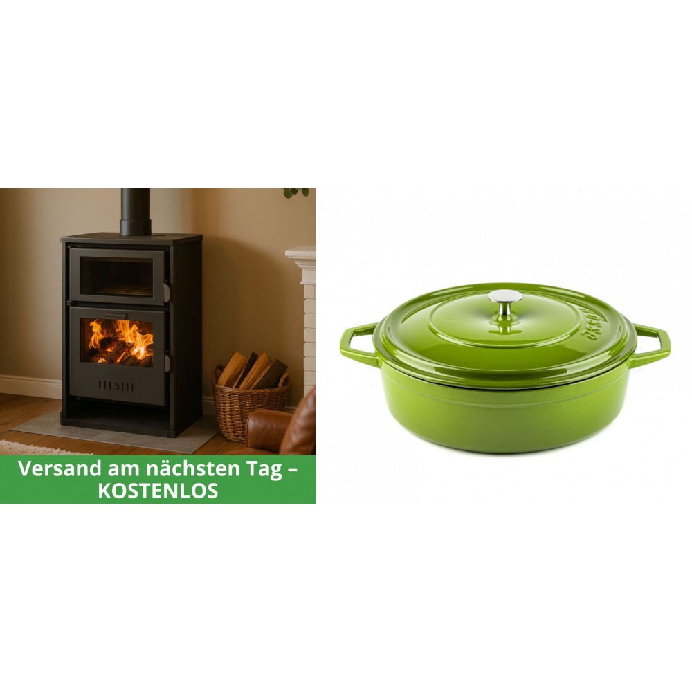 Set Kaminofen, Holzofen Wasserführend mit Backfach Balkan Energy, Modell Suzana, 11.6kW - 17.5kW + Gusseisen Topf Flach Solagio, Bamboo, Ф28