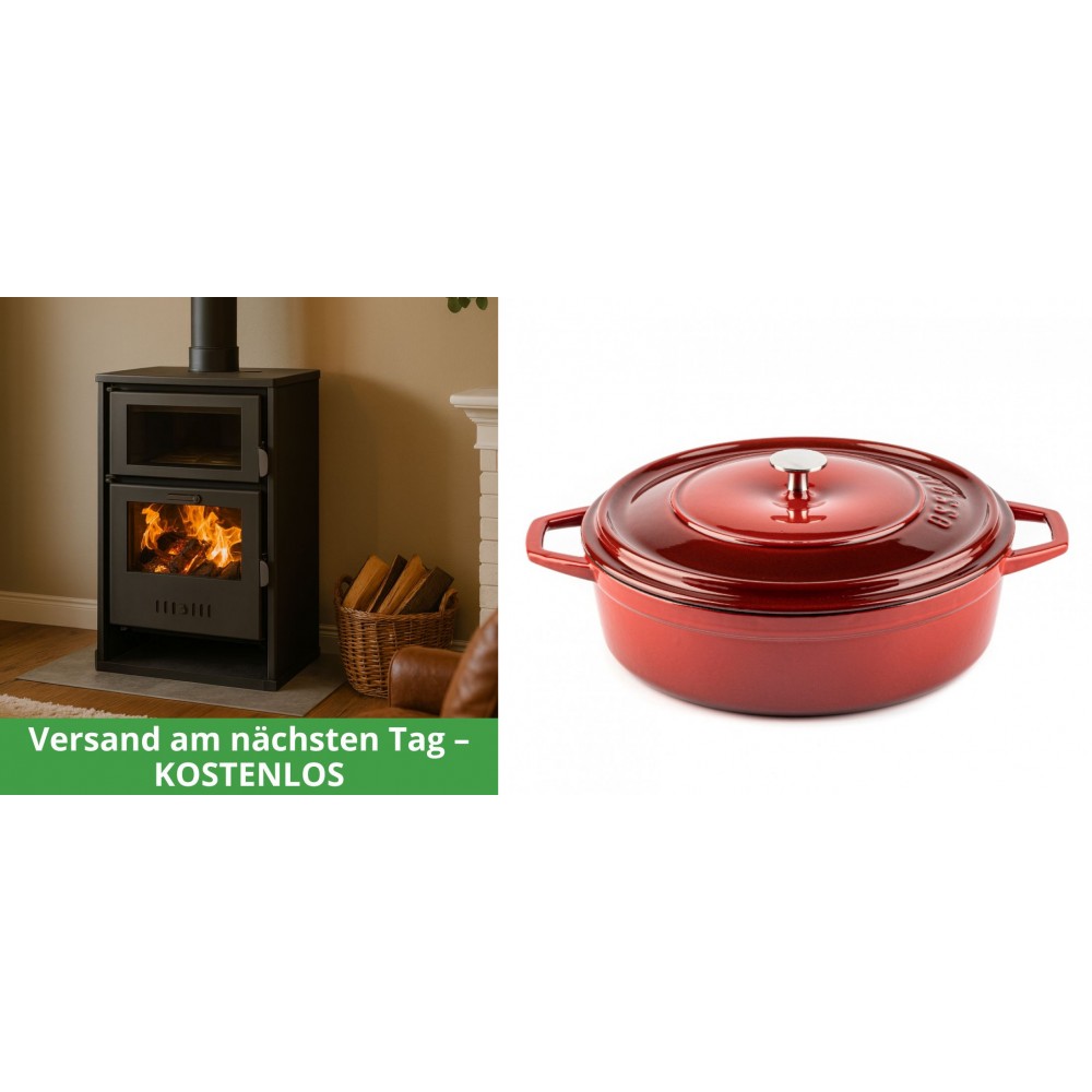 Set Kaminofen, Holzofen Wasserführend mit Backfach Balkan Energy, Modell Suzana, 11.6kW - 17.5kW + Gusseisen Topf Flach Solagio, Rubin, Ф28