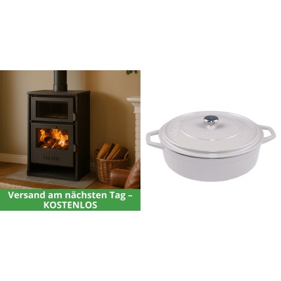 Set Kaminofen, Holzofen Wasserführend mit Backfach Balkan Energy, Modell Suzana, 11.6kW - 17.5kW + Gusseisen Topf Flach Solagio, Ivory, Ф28 - Balkan Energy