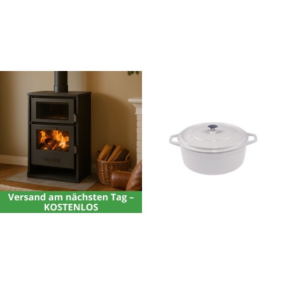 Set Kaminofen, Holzofen Wasserführend mit Backfach Balkan Energy, Modell Suzana, 11.6kW - 17.5kW + Gusseisen Topf Tiefer Solagio, Ivory, Ф12 - Balkan Energy