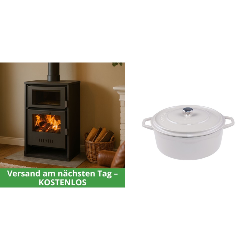 Set Kaminofen, Holzofen Wasserführend mit Backfach Balkan Energy, Modell Suzana, 11.6kW - 17.5kW + Gusseisen Topf Tiefer Solagio, Ivory, Ф20