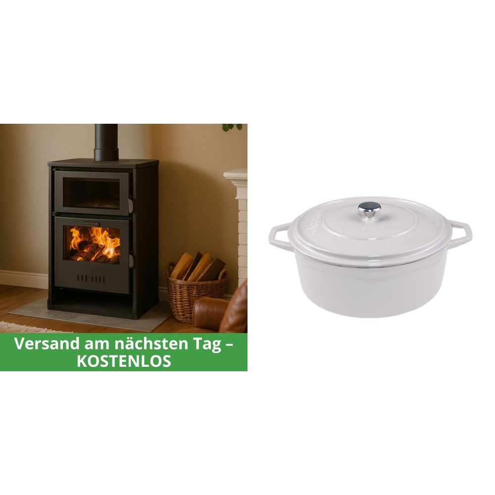 Set Kaminofen, Holzofen Wasserführend mit Backfach Balkan Energy, Modell Suzana, 11.6kW - 17.5kW + Gusseisen Topf Tiefer Solagio, Ivory, Ф24