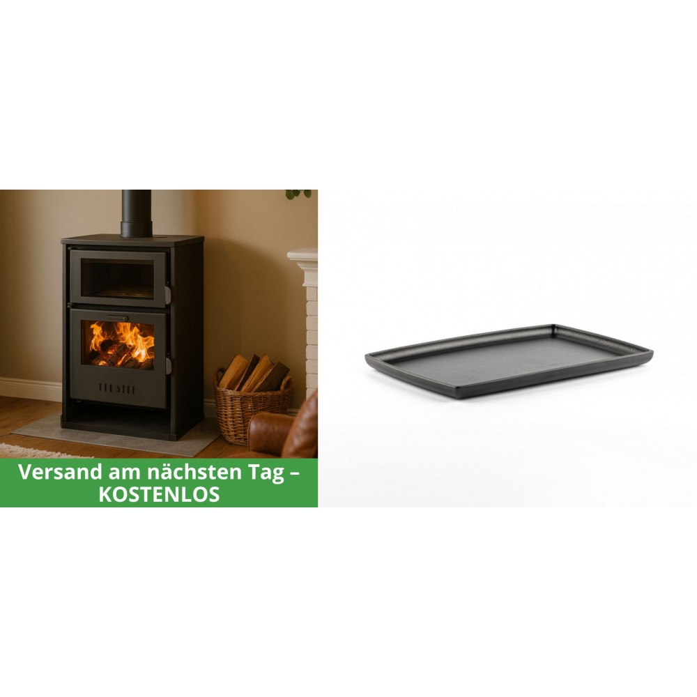 Set Kaminofen, Holzofen Wasserführend mit Backfach Balkan Energy, Modell Suzana, 11.6kW - 17.5kW + Rechteckige Servierplatte aus Gusseisen Solagio, 21x31cm