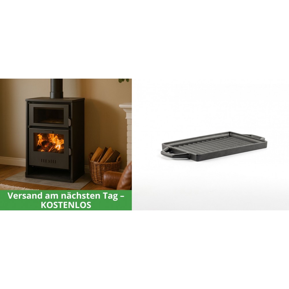 Set Kaminofen, Holzofen Wasserführend mit Backfach Balkan Energy, Modell Suzana, 11.6kW - 17.5kW + Mini-Grillplatte aus Gusseisen Solagio, 15.5x22.5cm | Wasserführender Kaminofen | Kaminofen |