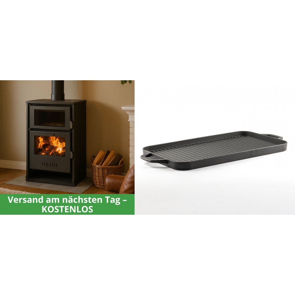 Set Kaminofen, Holzofen Wasserführend mit Backfach Balkan Energy, Modell Suzana, 11.6kW - 17.5kW + Große Grillplatte aus Gusseisen Solagio, 25x44cm | Wasserführender Kaminofen | Kaminofen |