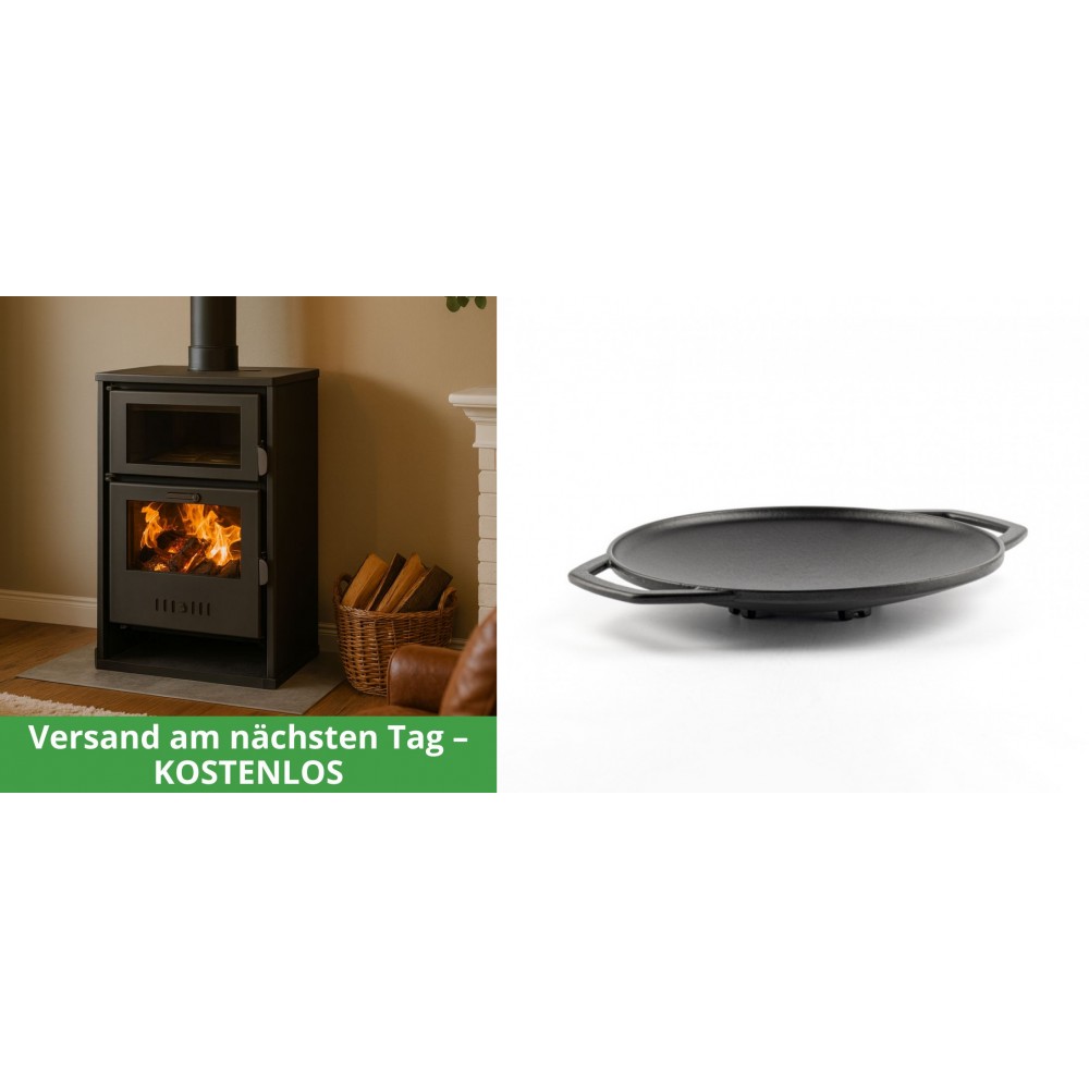 Set Kaminofen, Holzofen Wasserführend mit Backfach Balkan Energy, Modell Suzana, 11.6kW - 17.5kW + Backplatte aus Gusseisen Solagio, Ф28cm | Wasserführender Kaminofen | Kaminofen |