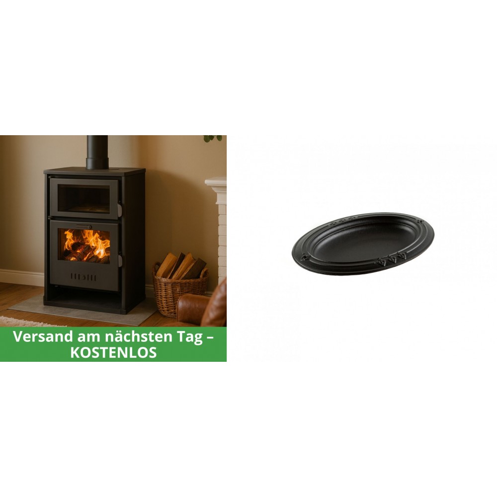 Set Kaminofen, Holzofen Wasserführend mit Backfach Balkan Energy, Modell Suzana, 11.6kW - 17.5kW + Gusseiserne auflaufform Solagio oval, 17x28cm