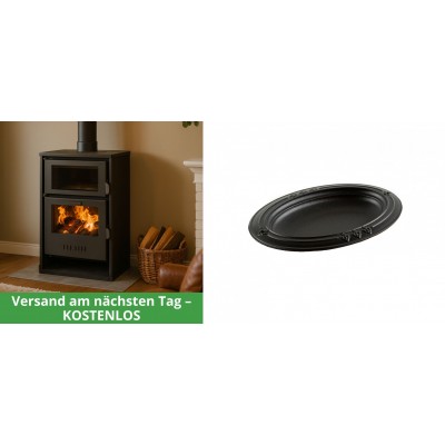 Set Kaminofen, Holzofen Wasserführend mit Backfach Balkan Energy, Modell Suzana, 11.6kW - 17.5kW + Gusseiserne auflaufform Solagio oval, 25x33cm - Balkan Energy