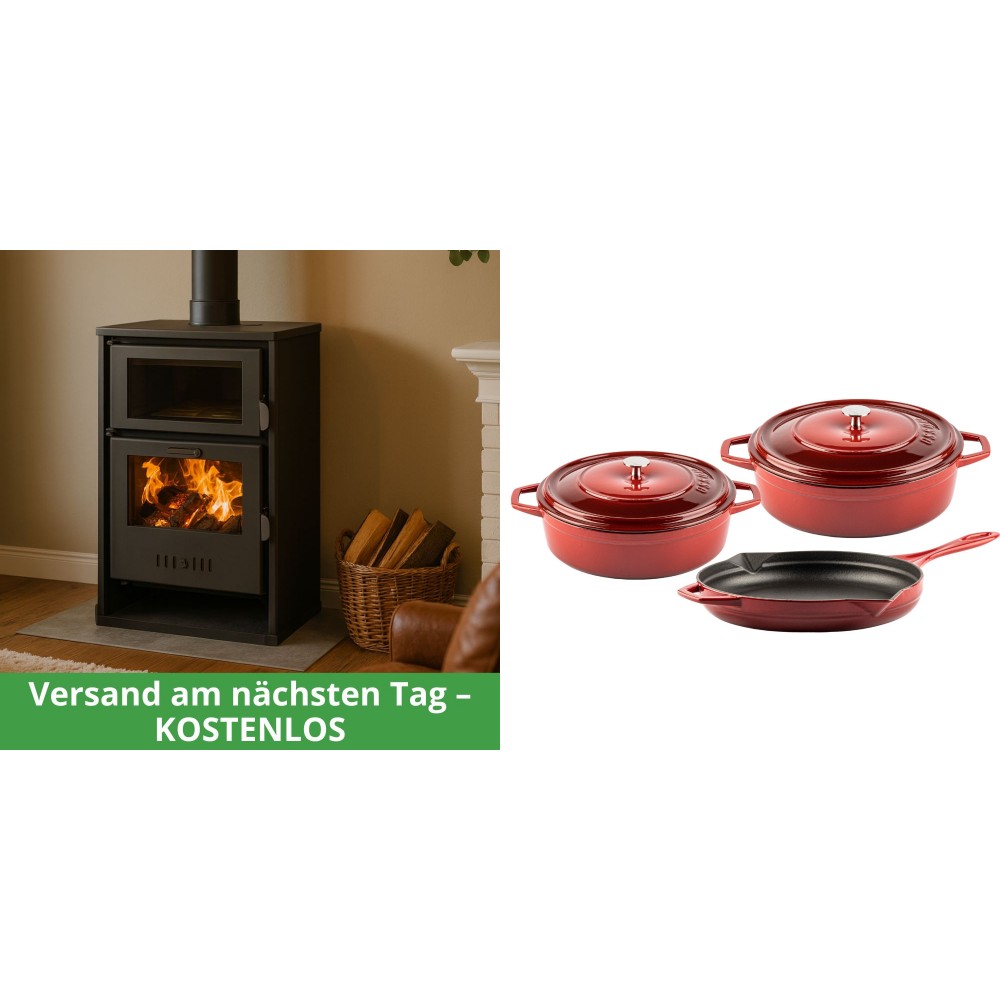 Set Kaminofen, Holzofen Wasserführend mit Backfach Balkan Energy, Modell Suzana, 11.6kW - 17.5kW + Gusseisen Topf Set aus 3 teilen Solagio, Rubin