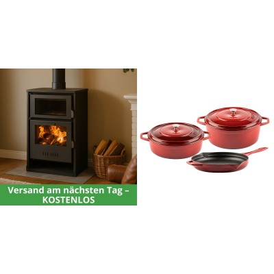 Set Kaminofen, Holzofen Wasserführend mit Backfach Balkan Energy, Modell Suzana, 11.6kW - 17.5kW + Gusseisen Topf Set aus 3 teilen Solagio, Rubin - Balkan Energy