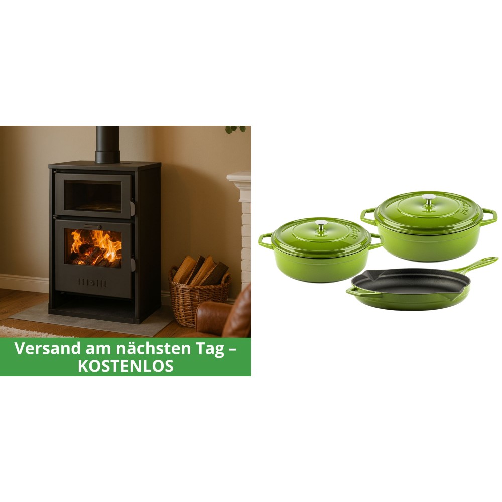 Set Kaminofen, Holzofen Wasserführend mit Backfach Balkan Energy, Modell Suzana, 11.6kW - 17.5kW + Gusseisen Topf Set aus 3 teilen Solagio, Bamboo