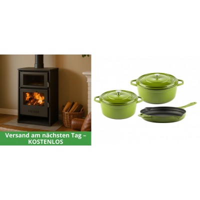 Set Kaminofen, Holzofen Wasserführend mit Backfach Balkan Energy, Modell Suzana, 11.6kW - 17.5kW + Gusseisen Topf Set aus 3 teilen Solagio, Bamboo - Balkan Energy