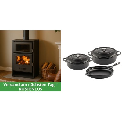 Set Kaminofen, Holzofen Wasserführend mit Backfach Balkan Energy, Modell Suzana, 11.6kW - 17.5kW + Gusseisen Topf Set aus 3 teilen Solagio, Black Onyx - Balkan Energy