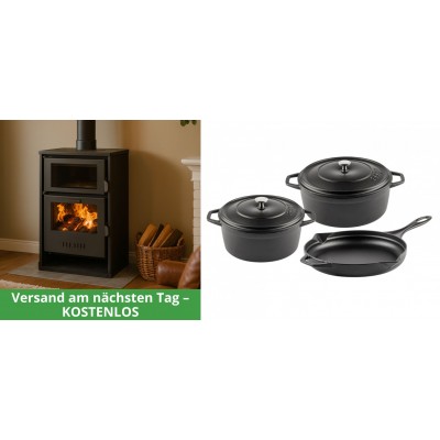Set Kaminofen, Holzofen Wasserführend mit Backfach Balkan Energy, Modell Suzana, 11.6kW - 17.5kW + Gusseisen Topf Set aus 3 teilen Solagio, Black Onyx - Balkan Energy