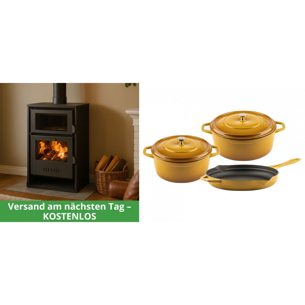Set Kaminofen, Holzofen Wasserführend mit Backfach Balkan Energy, Modell Suzana, 11.6kW - 17.5kW + Gusseisen Topf Set aus 3 teilen Solagio, Dijon