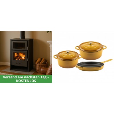 Set Kaminofen, Holzofen Wasserführend mit Backfach Balkan Energy, Modell Suzana, 11.6kW - 17.5kW + Gusseisen Topf Set aus 3 teilen Solagio, Dijon - Balkan Energy