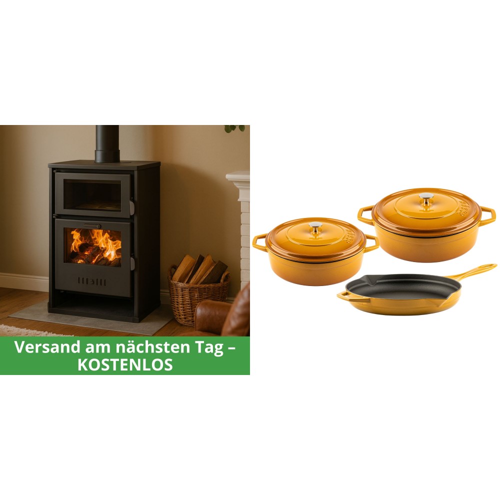 Set Kaminofen, Holzofen Wasserführend mit Backfach Balkan Energy, Modell Suzana, 11.6kW - 17.5kW + Gusseisen Topf Set aus 3 teilen Solagio, Dijon | Wasserführender Kaminofen | Kaminofen |