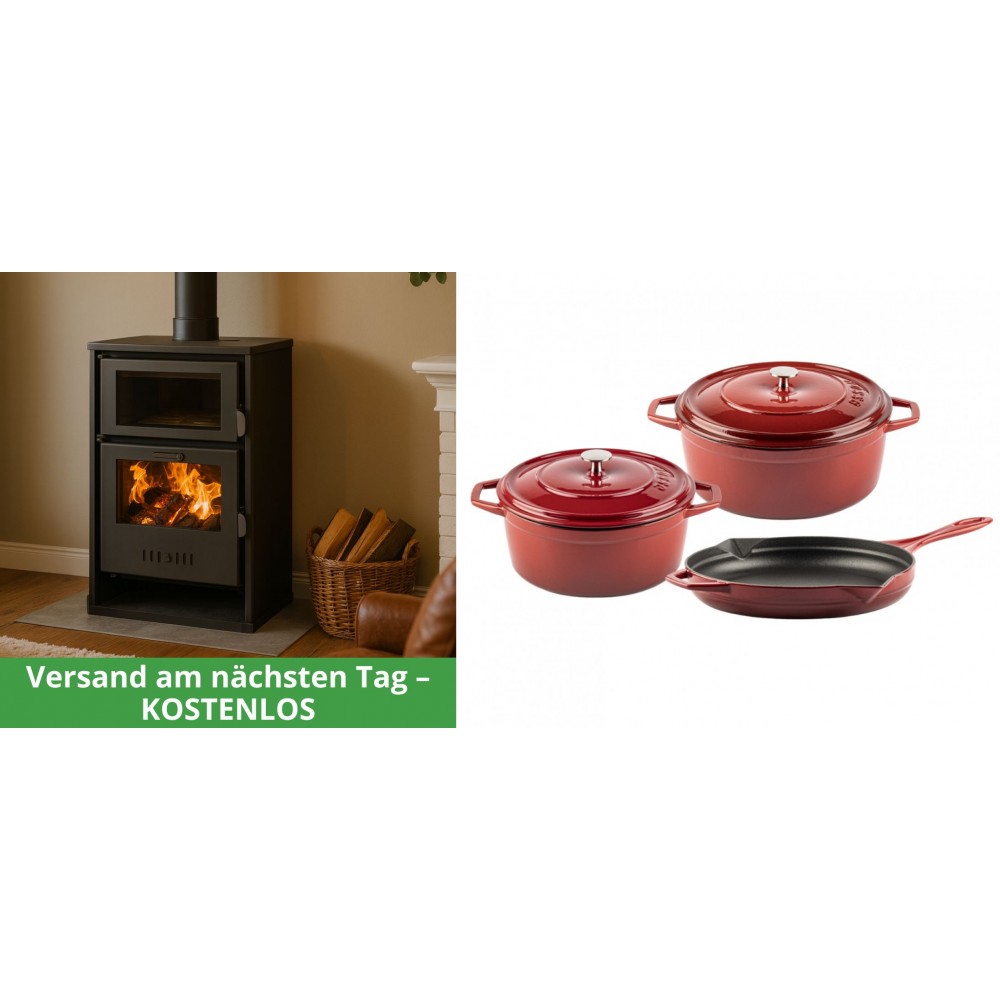Set Kaminofen, Holzofen Wasserführend mit Backfach Balkan Energy, Modell Suzana, 11.6kW - 17.5kW + Gusseisen Topf Set aus 3 teilen Solagio, Rubin