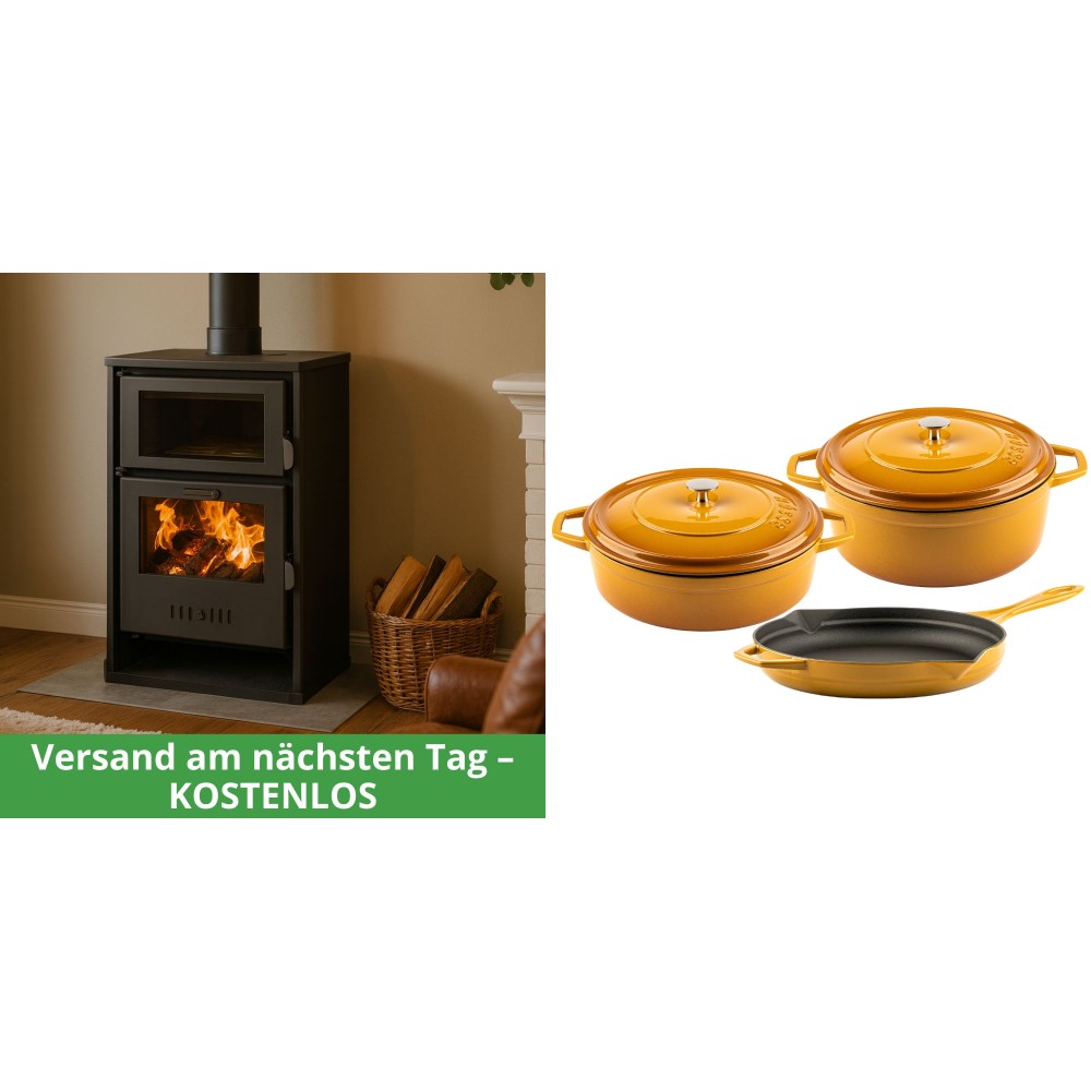 Set Kaminofen, Holzofen Wasserführend mit Backfach Balkan Energy, Modell Suzana, 11.6kW - 17.5kW + Gusseisen Topf Set aus 3 teilen Solagio, Dijon
