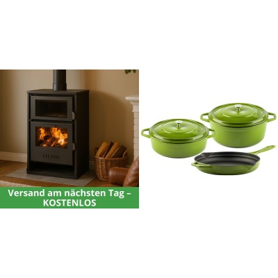 Set Kaminofen, Holzofen Wasserführend mit Backfach Balkan Energy, Modell Suzana, 11.6kW - 17.5kW + Gusseisen Topf Set aus 3 teilen Solagio, Bamboo - Balkan Energy