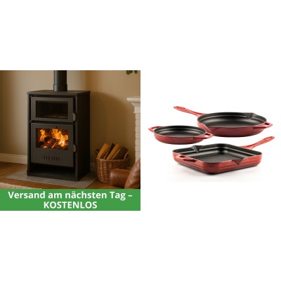 Set Kaminofen, Holzofen Wasserführend mit Backfach Balkan Energy, Modell Suzana, 11.6kW - 17.5kW + Gusseisen Topf Set aus 3 teilen Solagio, Rubin - Balkan Energy