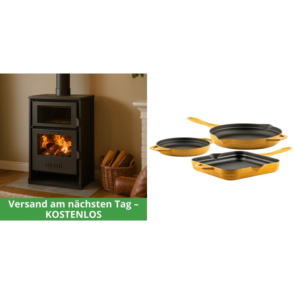 Set Kaminofen, Holzofen Wasserführend mit Backfach Balkan Energy, Modell Suzana, 11.6kW - 17.5kW + Gusseisen Topf Set aus 3 teilen Solagio, Dijon | Wasserführender Kaminofen | Kaminofen |