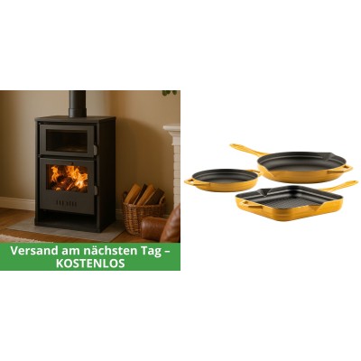 Set Kaminofen, Holzofen Wasserführend mit Backfach Balkan Energy, Modell Suzana, 11.6kW - 17.5kW + Gusseisen Topf Set aus 3 teilen Solagio, Dijon - Balkan Energy