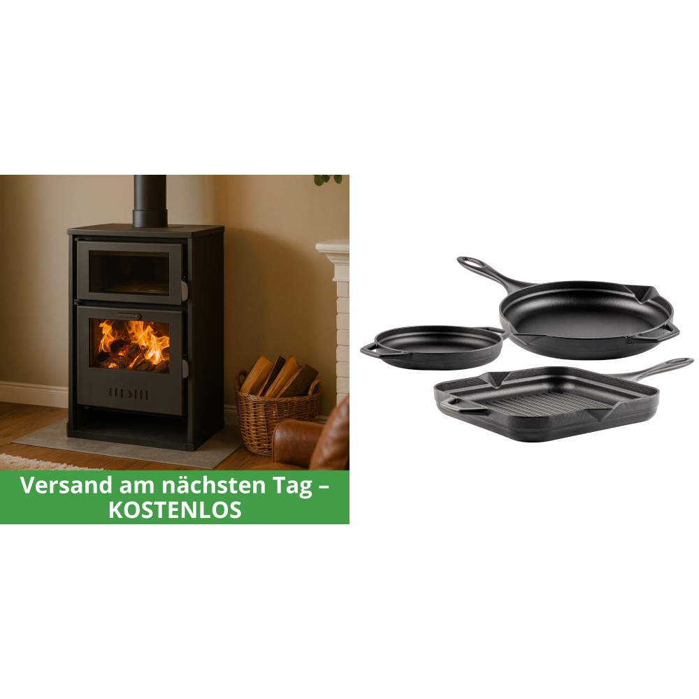 Set Kaminofen, Holzofen Wasserführend mit Backfach Balkan Energy, Modell Suzana, 11.6kW - 17.5kW + Gusseisen Topf Set aus 3 teilen Solagio, Black Onyx
