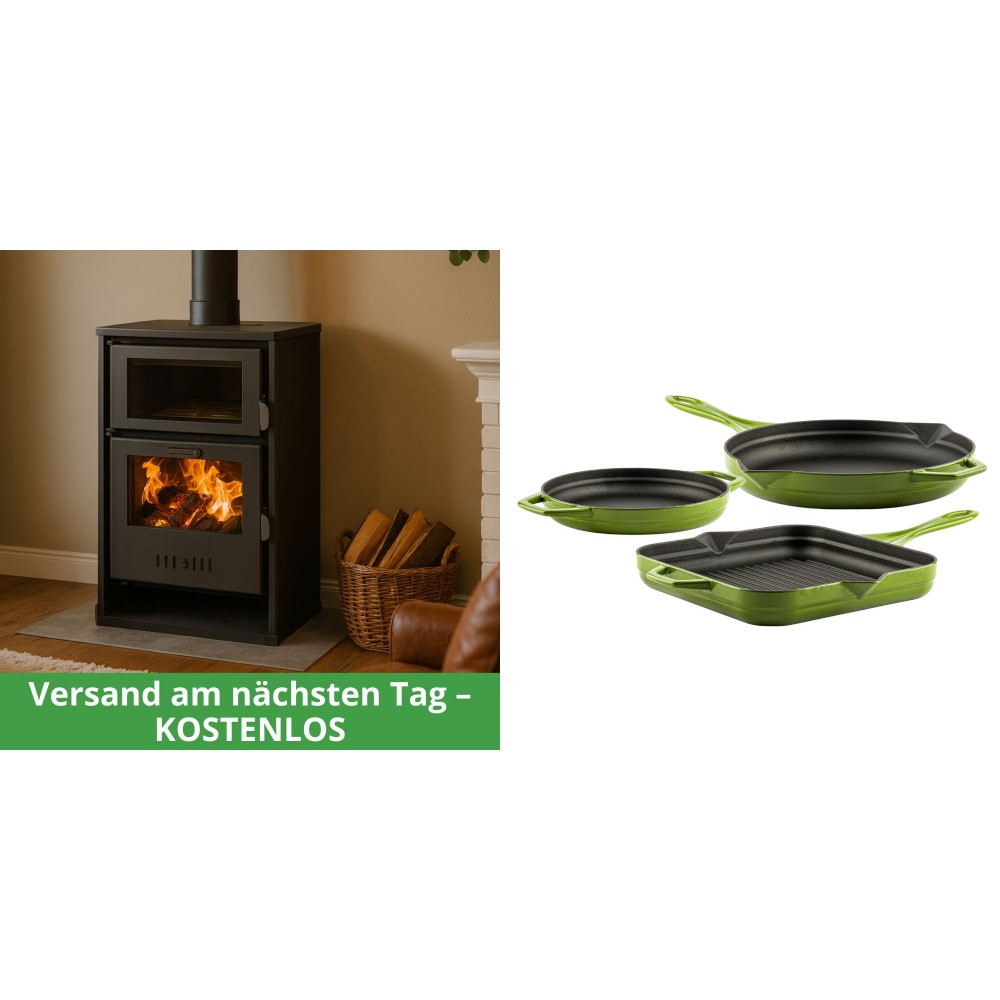 Set Kaminofen, Holzofen Wasserführend mit Backfach Balkan Energy, Modell Suzana, 11.6kW - 17.5kW + Gusseisen Topf Set aus 3 teilen Solagio, Bamboo