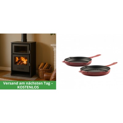 Set Kaminofen, Holzofen Wasserführend mit Backfach Balkan Energy, Modell Suzana, 11.6kW - 17.5kW + Gusseisen Topf Set aus 2 teilen Solagio, Rubin - Balkan Energy