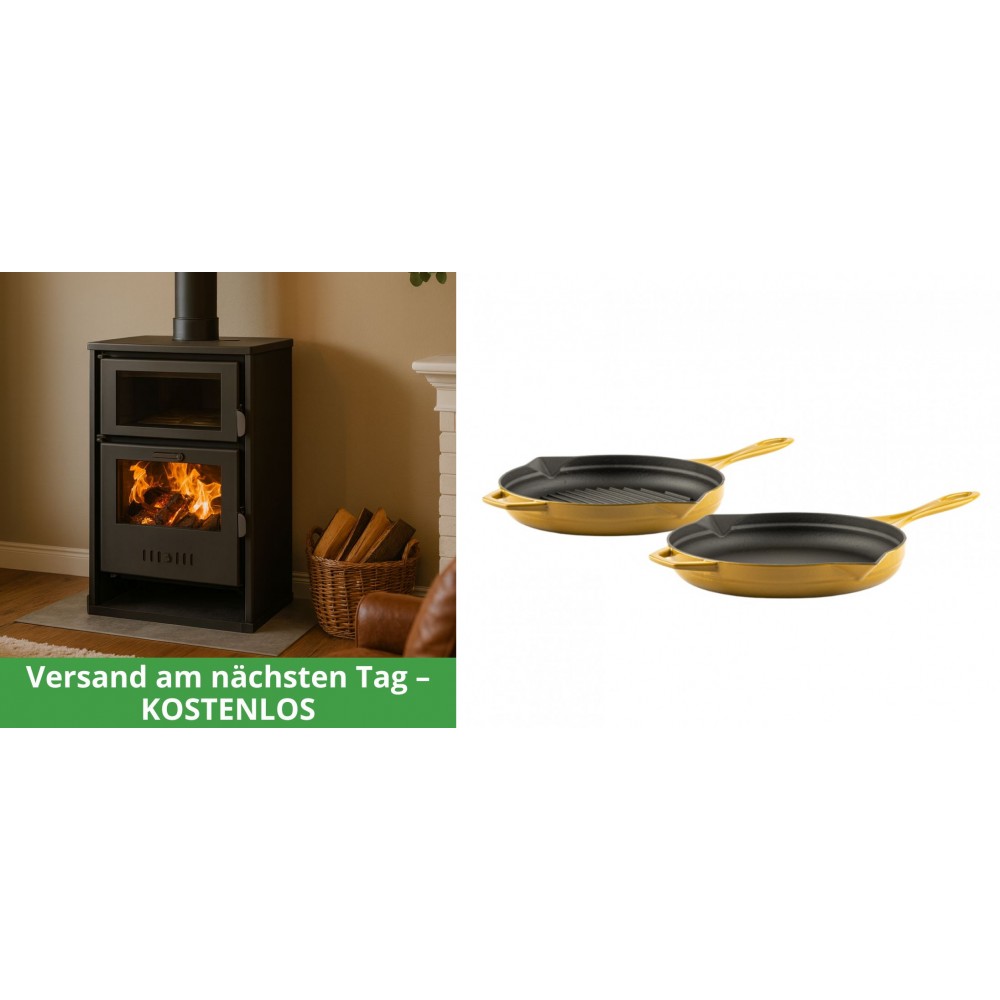 Set Kaminofen, Holzofen Wasserführend mit Backfach Balkan Energy, Modell Suzana, 11.6kW - 17.5kW + Gusseisen Topf Set aus 2 teilen Solagio, Dijon | Wasserführender Kaminofen | Kaminofen |