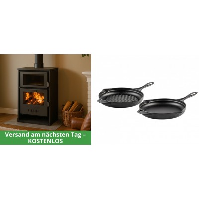 Set Kaminofen, Holzofen Wasserführend mit Backfach Balkan Energy, Modell Suzana, 11.6kW - 17.5kW + Gusseisen Topf Set aus 2 teilen Solagio, Black Onyx - Balkan Energy