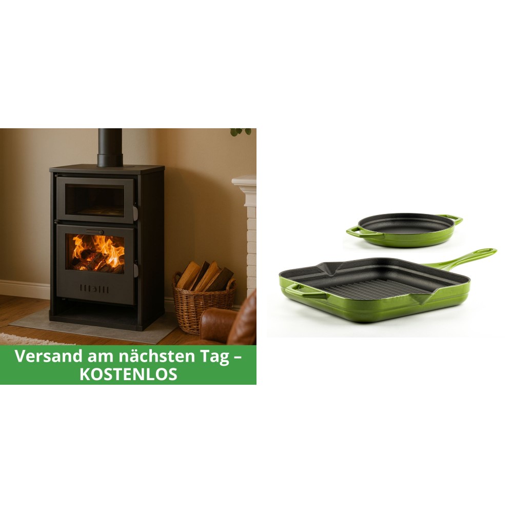 Set Kaminofen, Holzofen Wasserführend mit Backfach Balkan Energy, Modell Suzana, 11.6kW - 17.5kW + Gusseisen Topf Set aus 2 teilen Solagio, Bamboo | Wasserführender Kaminofen | Kaminofen |
