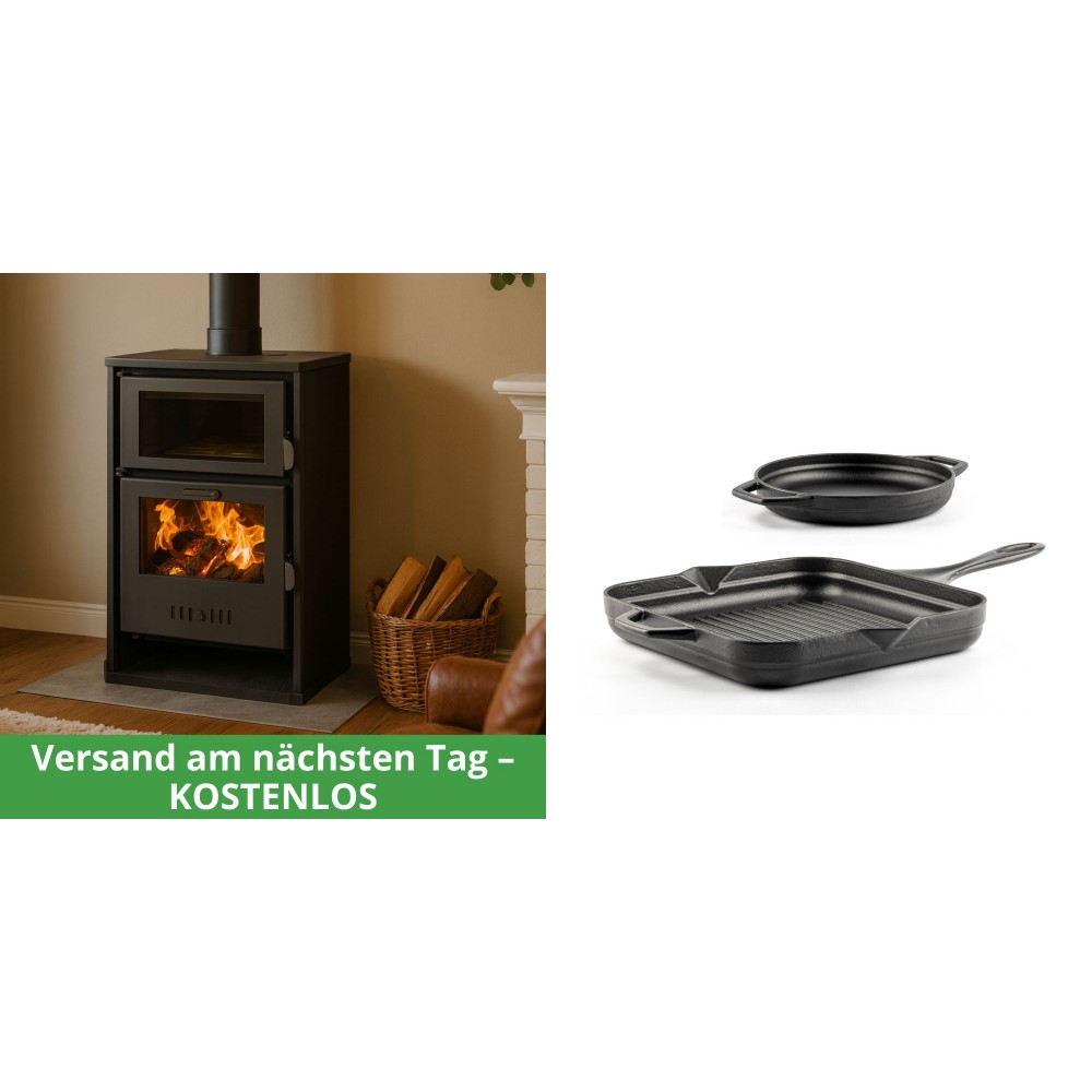 Set Kaminofen, Holzofen Wasserführend mit Backfach Balkan Energy, Modell Suzana, 11.6kW - 17.5kW + Gusseisen Topf Set aus 2 teilen Solagio, Black Onyx | Wasserführender Kaminofen | Kaminofen |