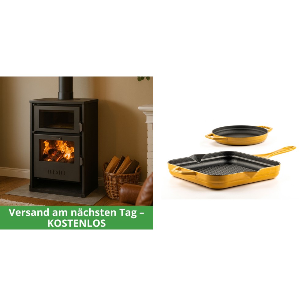 Set Kaminofen, Holzofen Wasserführend mit Backfach Balkan Energy, Modell Suzana, 11.6kW - 17.5kW + Gusseisen Topf Set aus 2 teilen Solagio, Dijon | Wasserführender Kaminofen | Kaminofen |