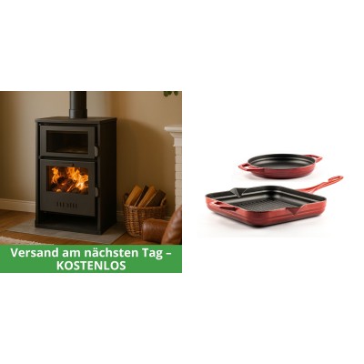 Set Kaminofen, Holzofen Wasserführend mit Backfach Balkan Energy, Modell Suzana, 11.6kW - 17.5kW + Gusseisen Topf Set aus 2 teilen Solagio, Rubin - Balkan Energy
