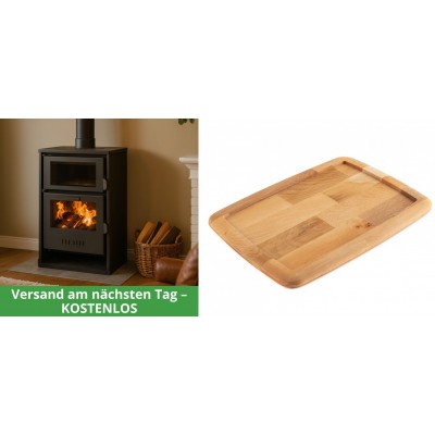 Set Kaminofen, Holzofen Wasserführend mit Backfach Balkan Energy, Modell Suzana, 11.6kW - 17.5kW + Holz untersetzer für gusseisenplatte Solagio HSST2131 - Balkan Energy