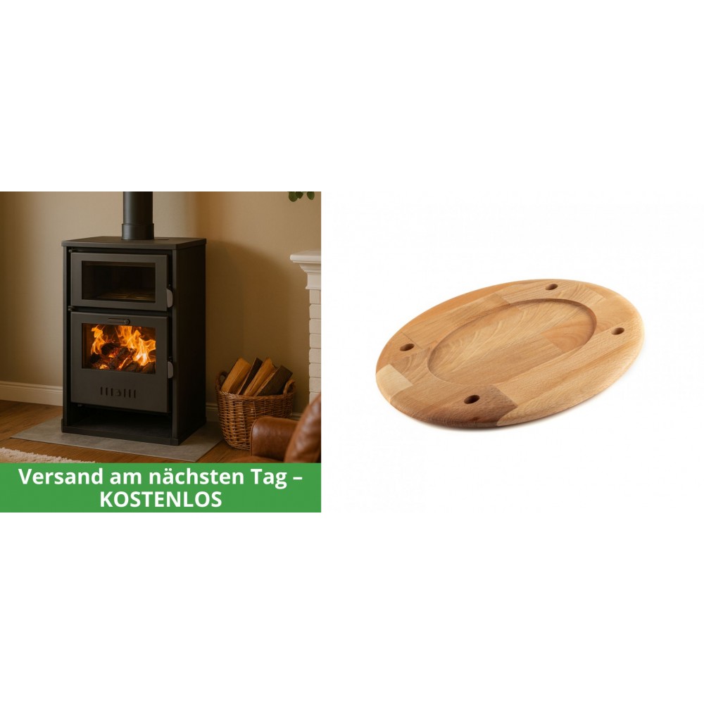 Set Kaminofen, Holzofen Wasserführend mit Backfach Balkan Energy, Modell Suzana, 11.6kW - 17.5kW + Holz untersetzer für ovale platte Solagio HSOISK2533, 25x33cm