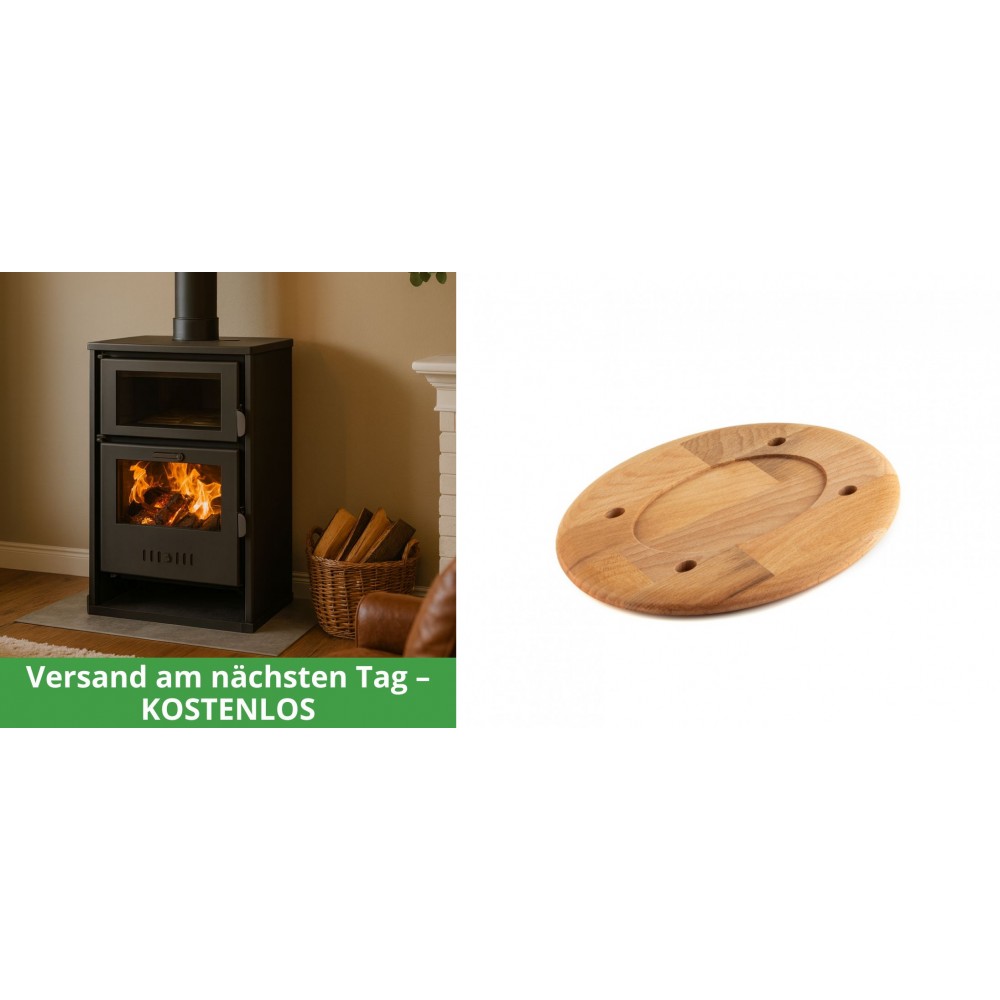 Set Kaminofen, Holzofen Wasserführend mit Backfach Balkan Energy, Modell Suzana, 11.6kW - 17.5kW + Holz untersetzer für ovale platte Solagio HSOISK1728, 17x28cm