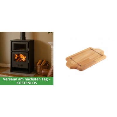 Set Kaminofen, Holzofen Wasserführend mit Backfach Balkan Energy, Modell Suzana, 11.6kW - 17.5kW + Holz untersetzer für mini-gusseisenplatte Solagio HSDDHP1522 - Balkan Energy