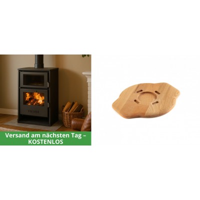 Set Kaminofen, Holzofen Wasserführend mit Backfach Balkan Energy, Modell Suzana, 11.6kW - 17.5kW + Holz untersetzer für gusseisenplatte Solagio HSYSAK20 - Balkan Energy