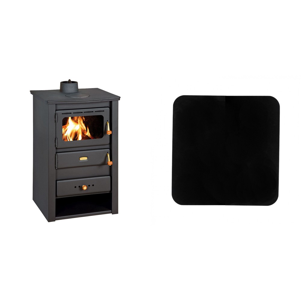 Set Kaminofen, Holzofen Prity, Modell K22 CP, Obere Platte aus Gusseisen, Leistung 10.4kW + Funkenschutzplatte Stahl 2mm, Größe 98x98cm