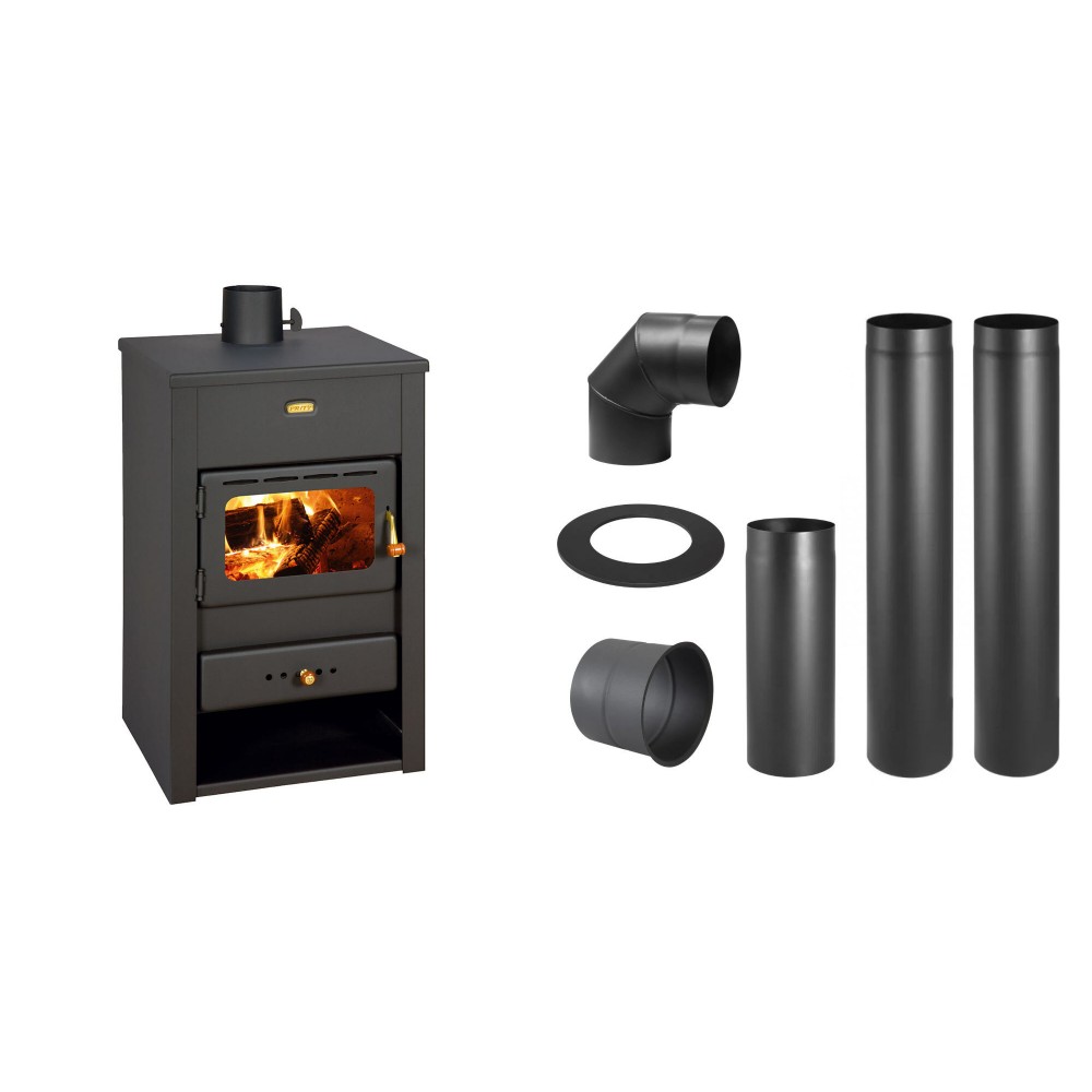 Set Kaminofen, Holzofen Prity, Modell K2, Leistung 10,4kW + Schornstein Bausatz PARKANEX, Stahl Ø130, Dicke 2mm